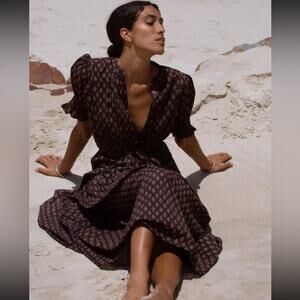 Daughters of India Prairie Dress Midi Button Front Tie Waist Coffee Brown Sz XS